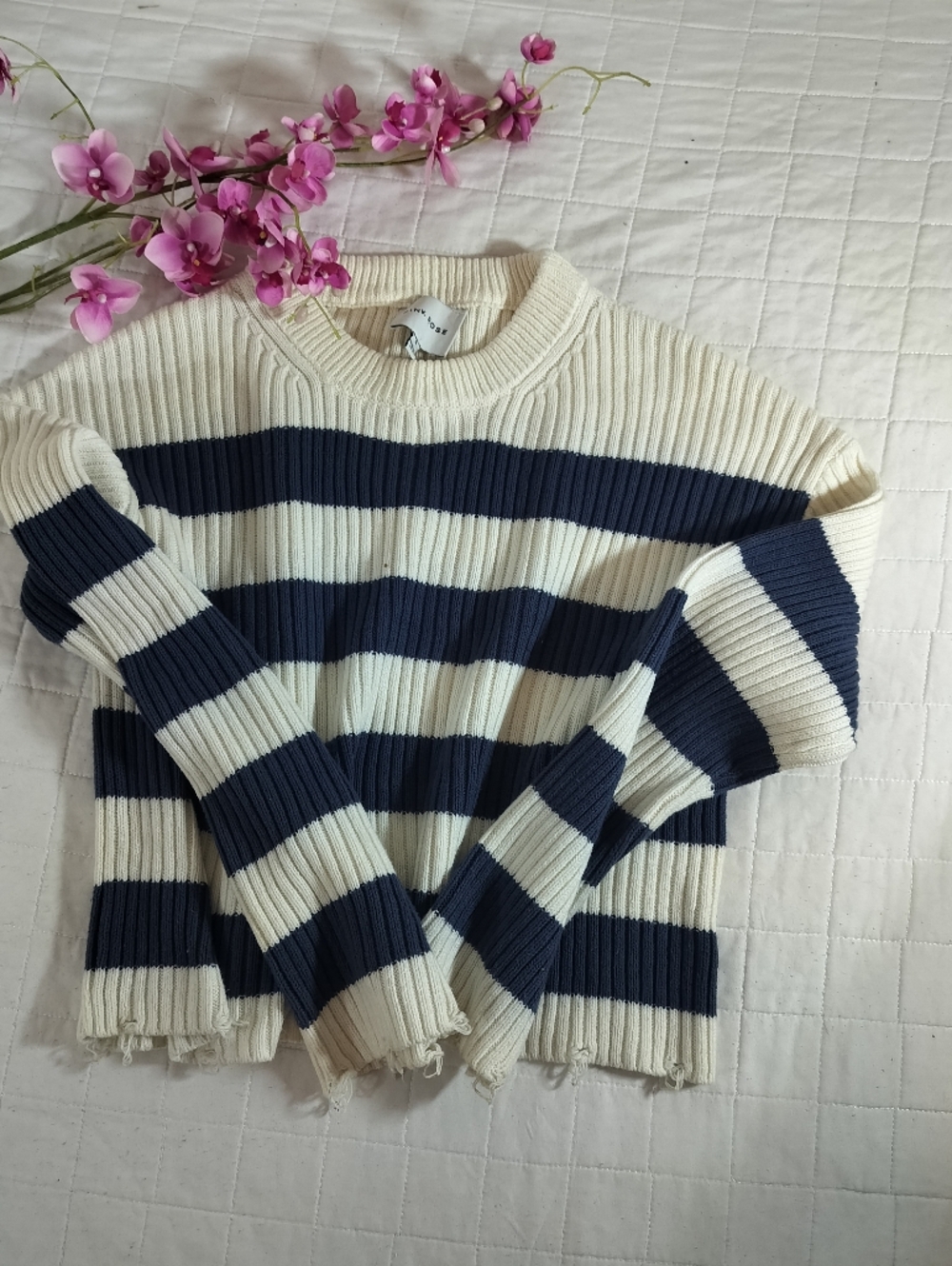 Pink Rose Striped Rib-Knit Crew Sweater in Cream & Navy